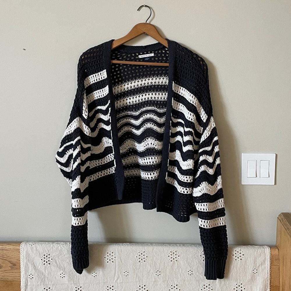 AMERICAN EAGLE White & Blue Open Knit Open Cardigan Size L